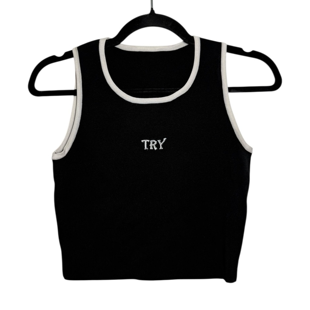 J.ING Black White Trim Try Embroidered Tank Top S/M